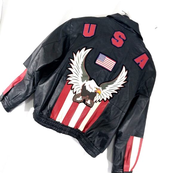 OSCAR PIEL/DIAMOND PLATE! GENUINE LEATHER AMERICAN FLAG GRAPHIC JACKET! SZ 3X - Picture 1 of 12
